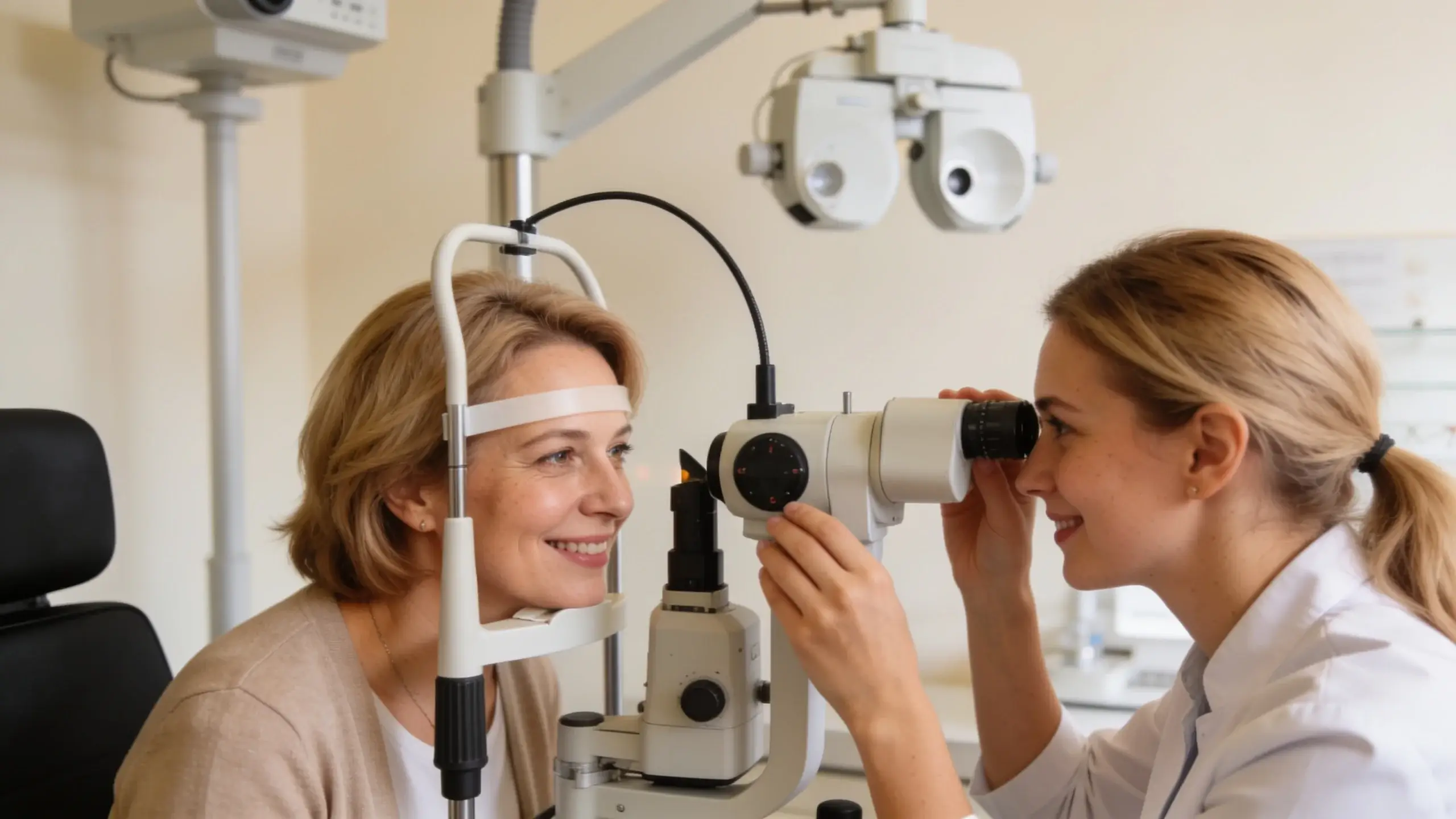 Optometristka vyšetruje oči pacienta na štrbinovej lampe počas preventívnej prehliadky