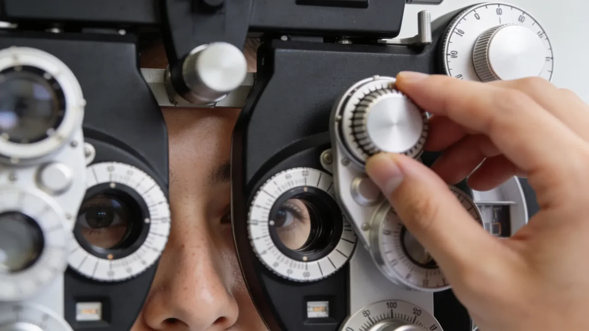 Pacient sa pozerá cez čierny foropter s množstvom výmenných šošoviek, optometrista otáča kolieskom nastavenia