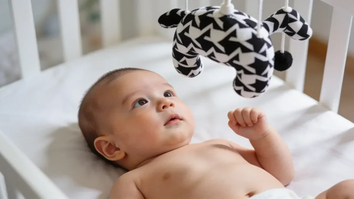 Bábätko ležiace na chrbte upiera pozornosť na kontrastnú čiernobielu hračku so vzorom nad kolískou