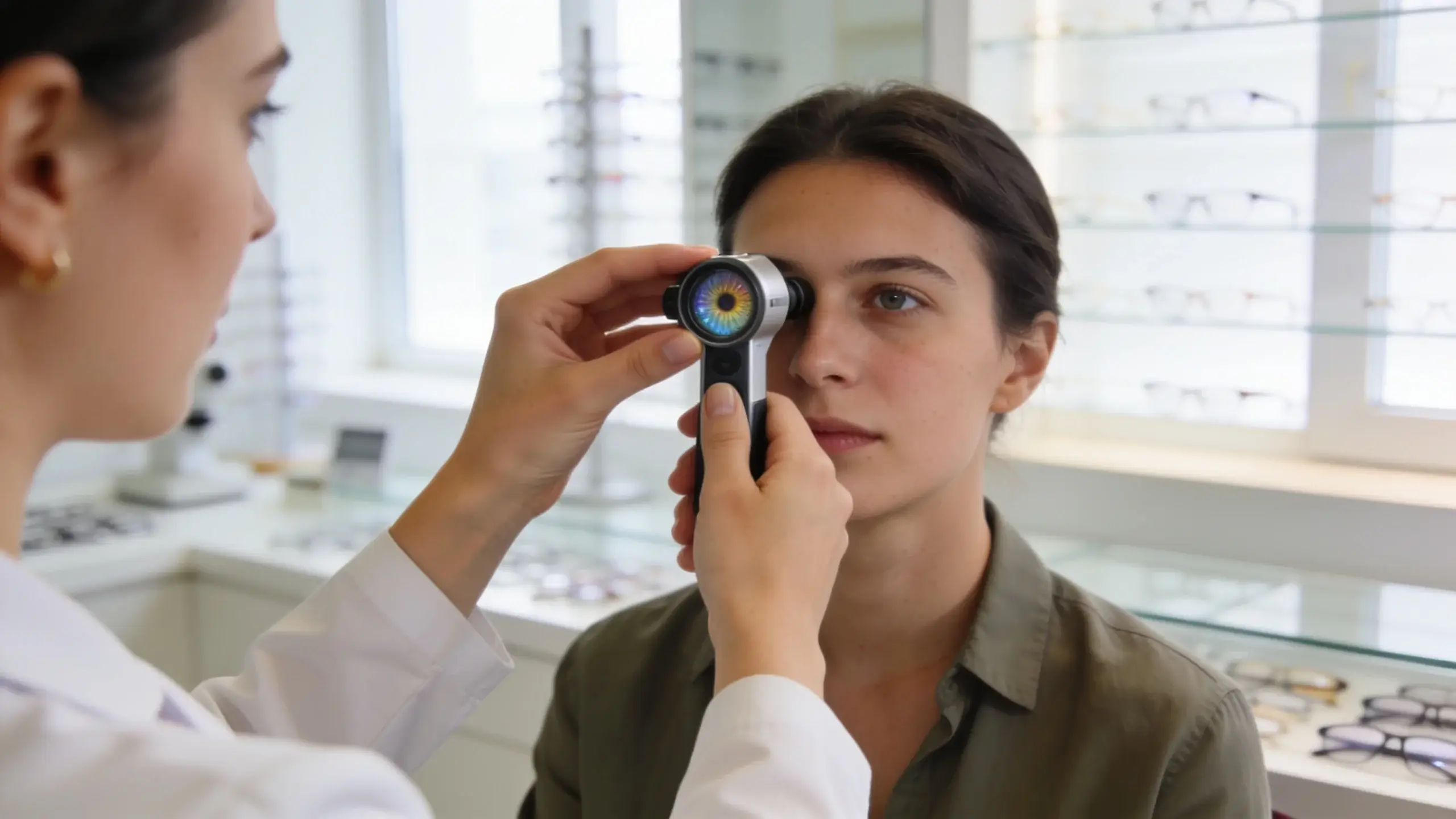 Optička meria klientovi zrenicovú vzdialenosť pomocou pupilometra pri pulte v optike