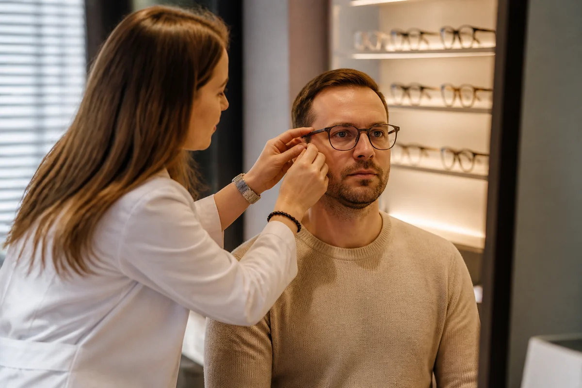 Zákazník si v optike skúša rámy pred zrkadlom s pomocou optika