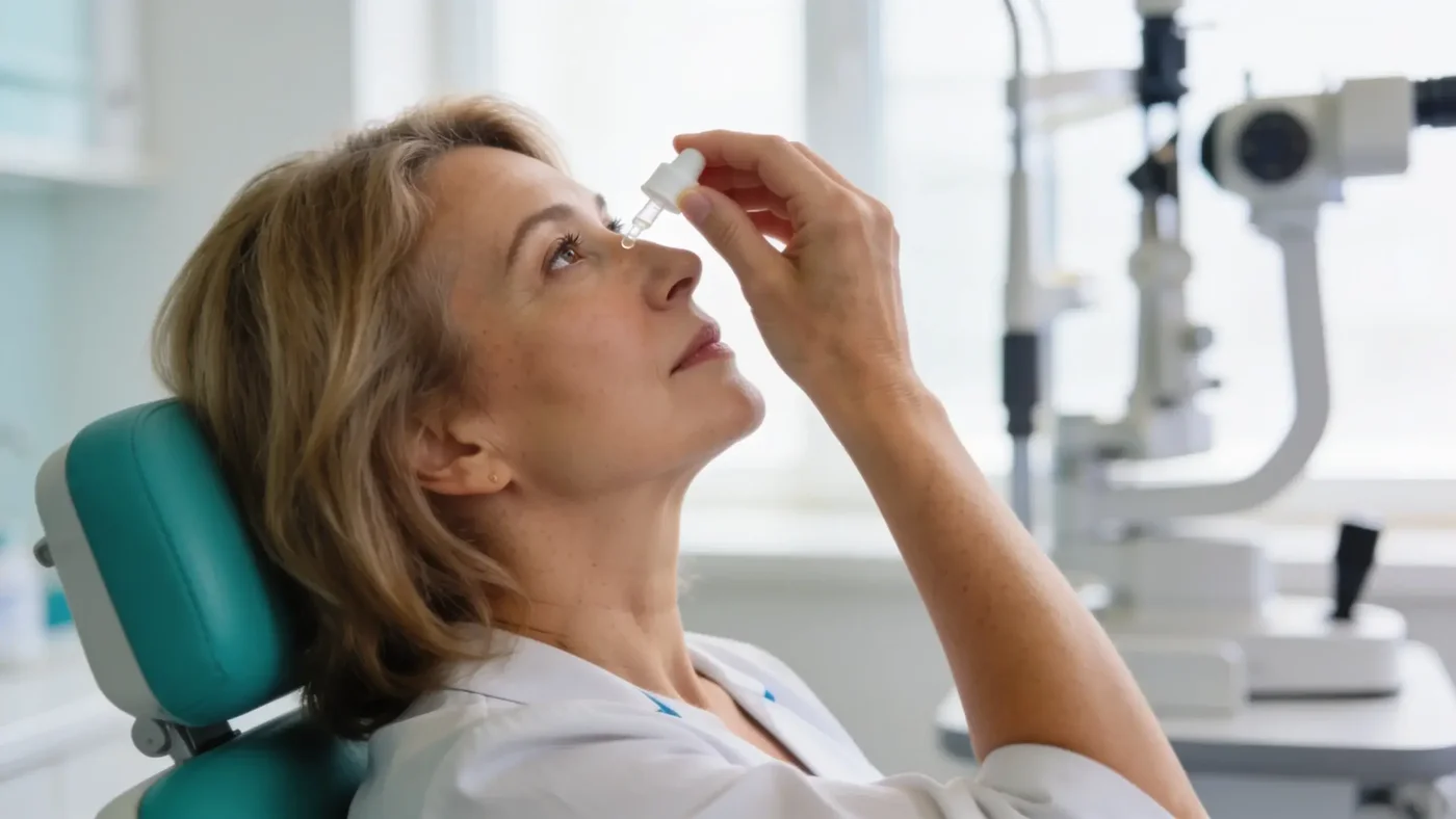Žena si v ordinácii kvapká očné kvapky, v pozadí prístroj na meranie vnútroočného tlaku
