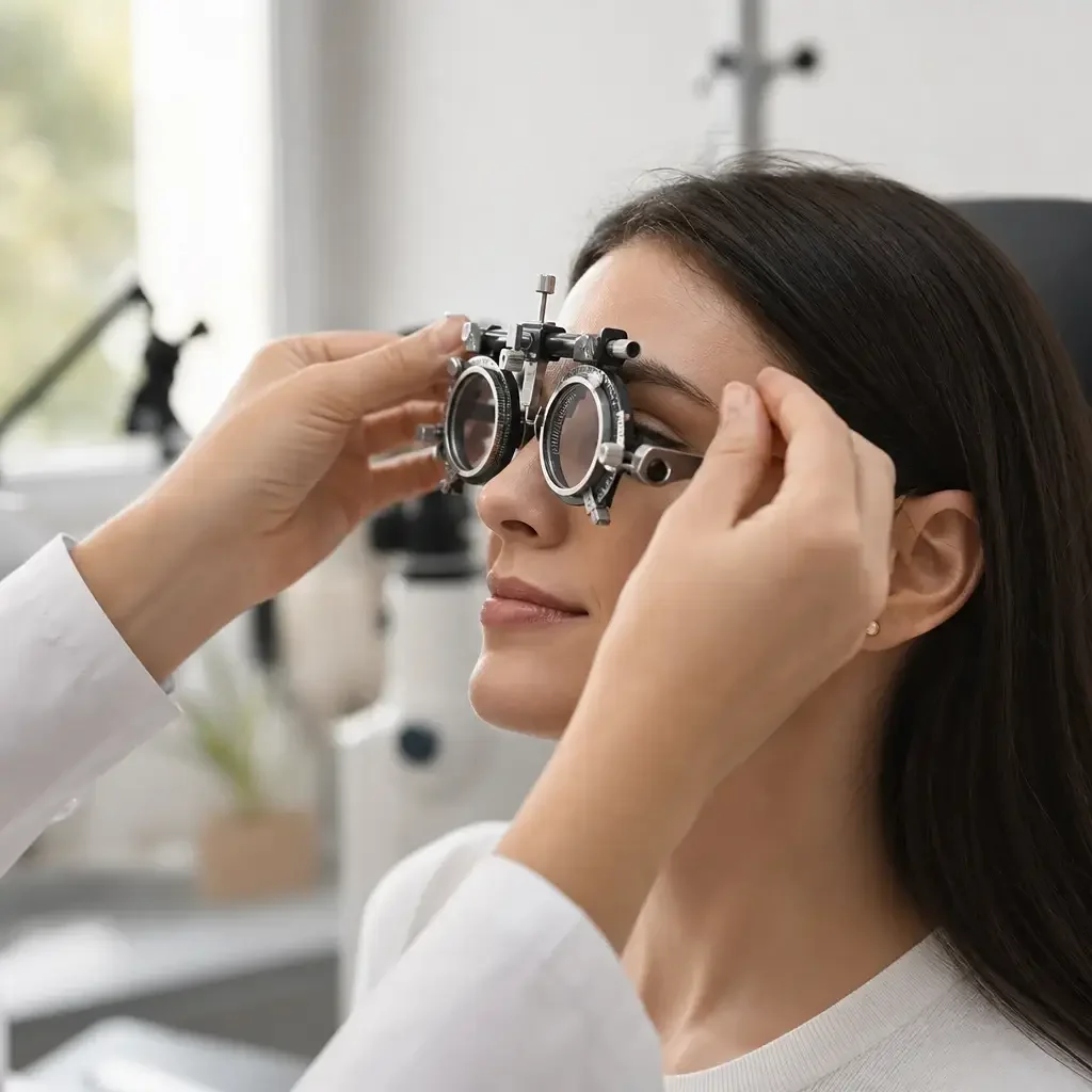 Optometrista vkladá skúšobné okuliare so sadou cylindrických skiel pred oči pacienta pri vyšetrení zraku