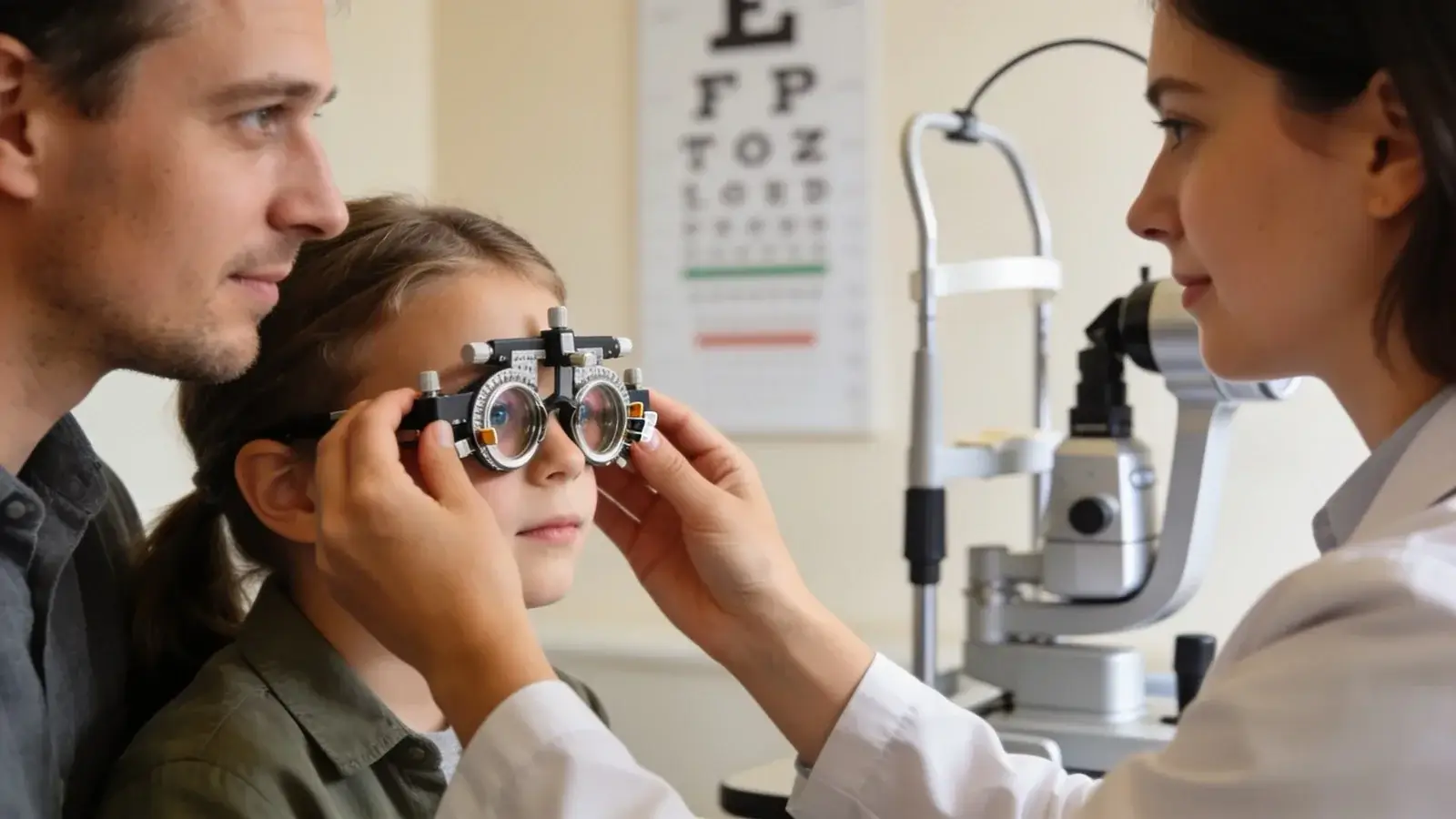 Optometrička nasadzuje dievčatku skúšobný rám s dioptrickými šošovkami pri očnom vyšetrení, otec sedí vedľa