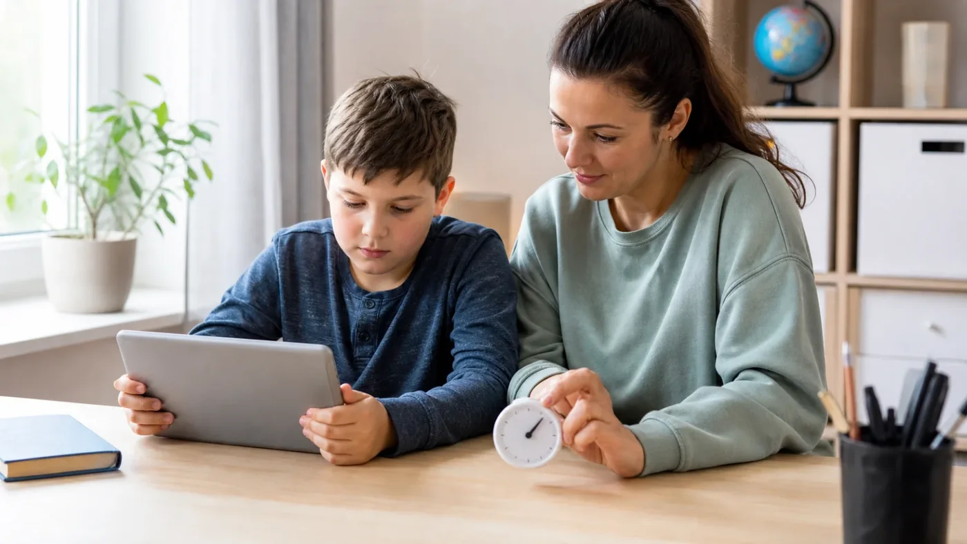 Školák pracuje pri tablete pri stole, zatiaľ čo rodič nastavuje časovač prestávky