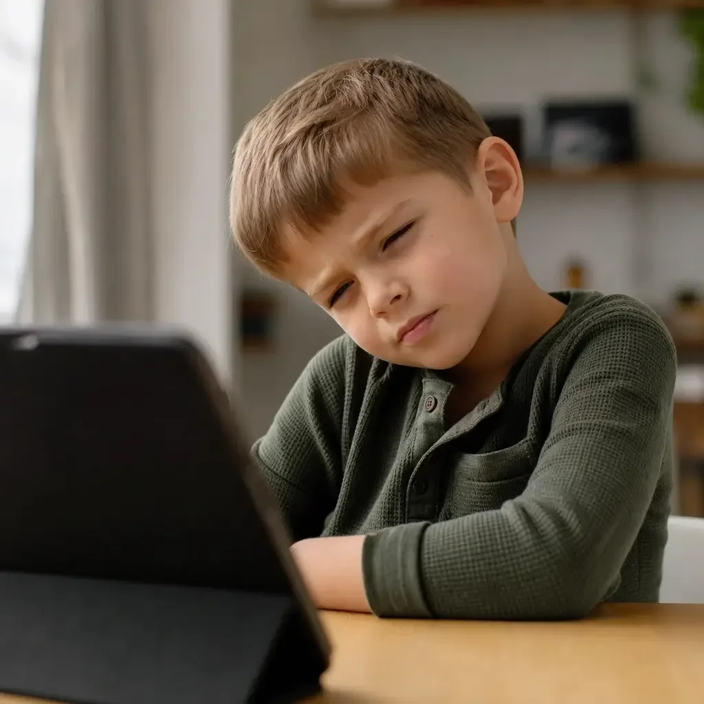 Malý chlapec pri stole nakláňa hlavu nabok a s prižmúrenými očami sa pozerá na tablet