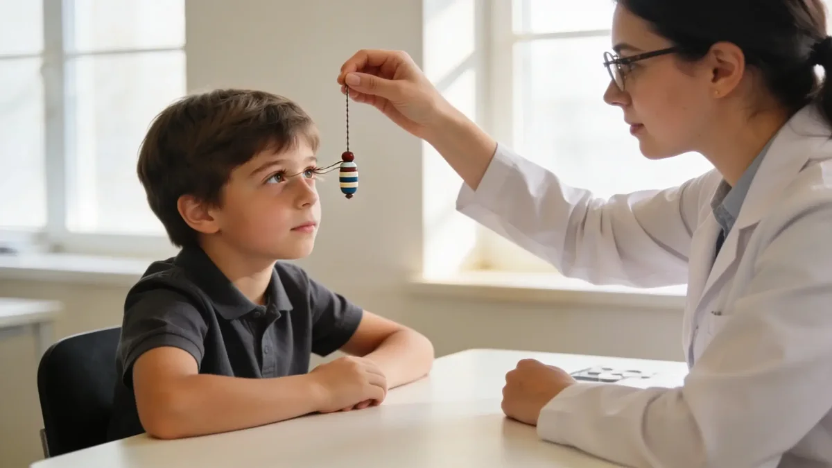 Dieťa počas vergenčného tréningu u optometristky, ktorá mu drží cvičebnú pomôcku pred očami v ambulancii