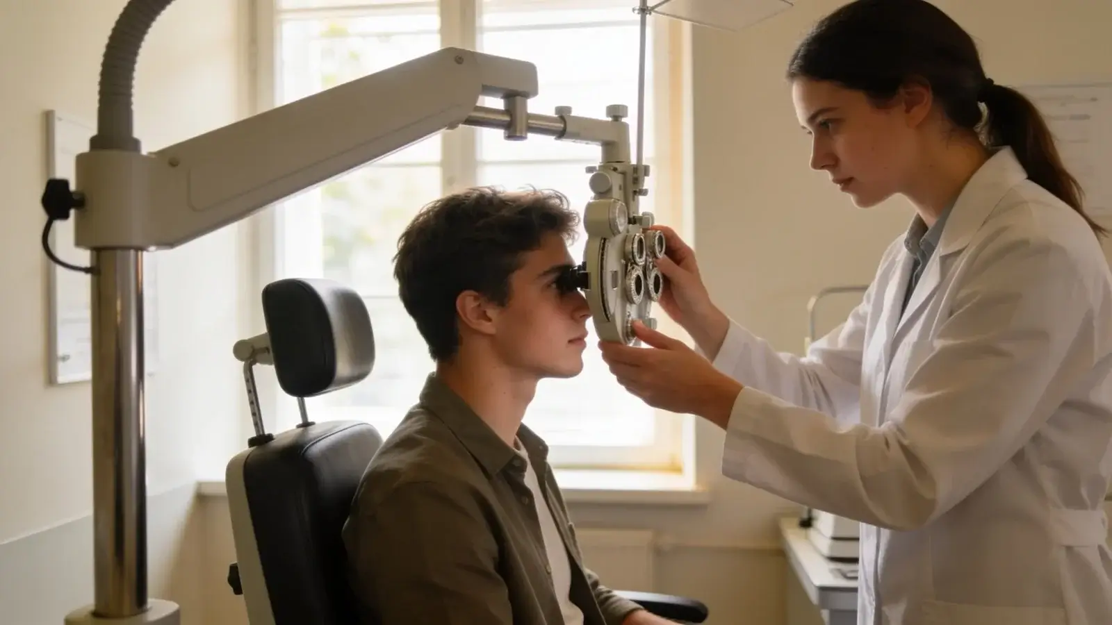 Optometrička vyšetruje mladému mužovi zrak foroptorom pri meraní dioptrií
