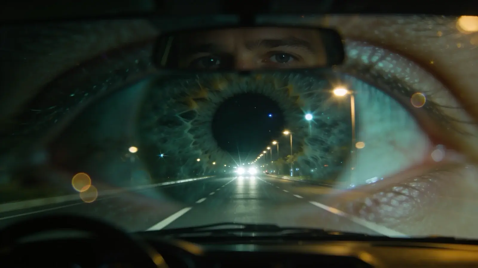 Pohľad vodiča na nočnú cestu s výraznými svetelnými kruhmi okolo reflektorov a pouličných lámp pri sivom zákale.