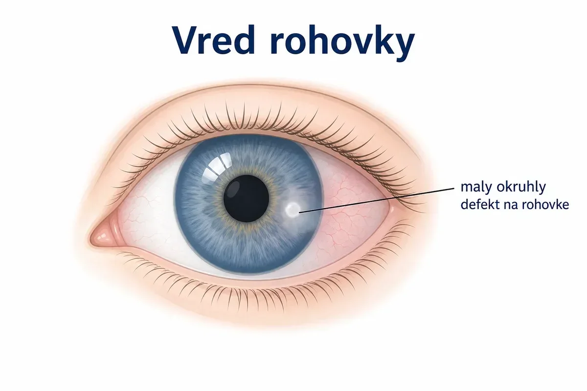 Ilustrácia oka s označeným defektom rohovky pri vrede rohovky