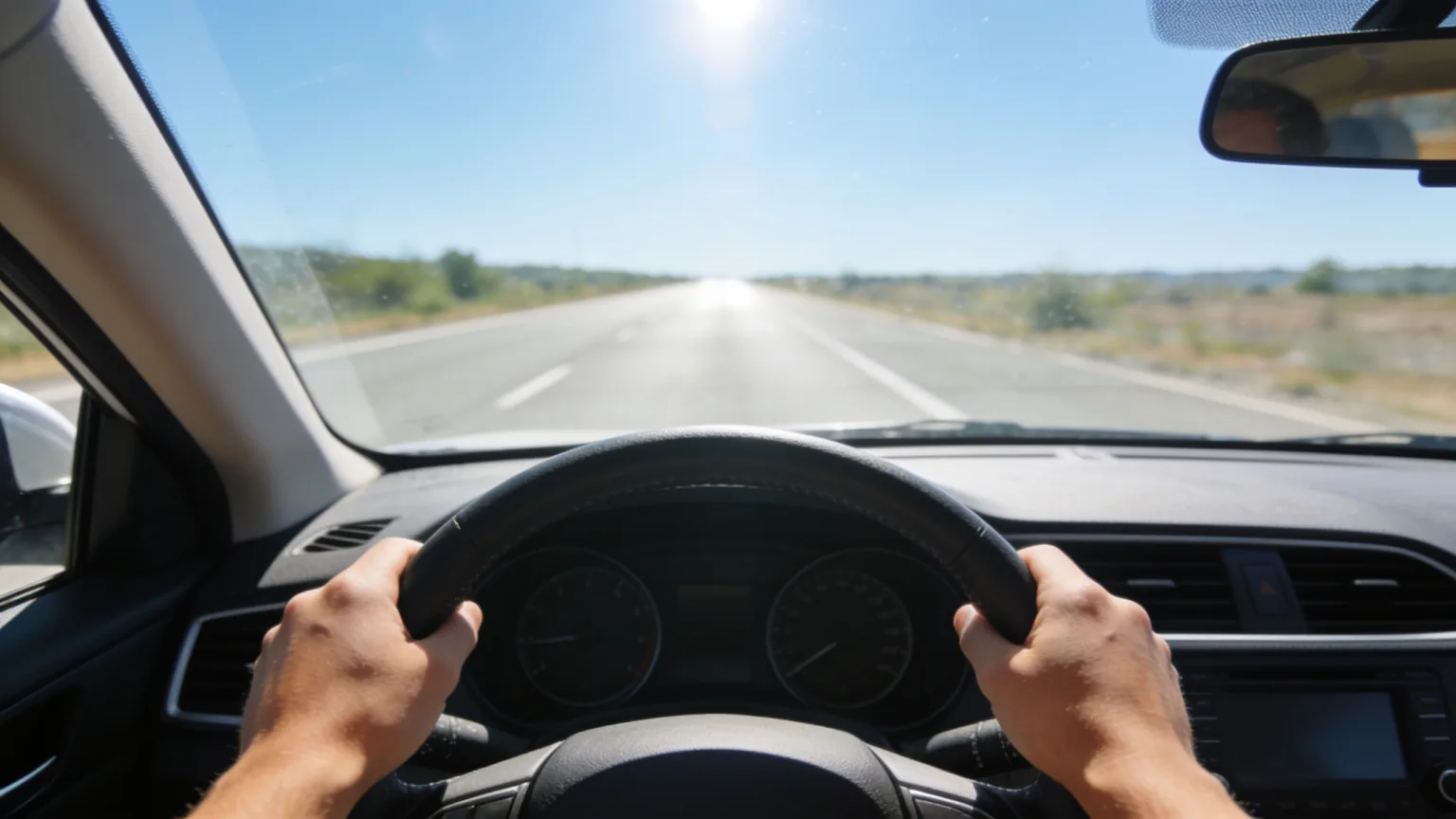 Pohľad vodiča cez čelné sklo na otvorenú cestu, ruky na volante